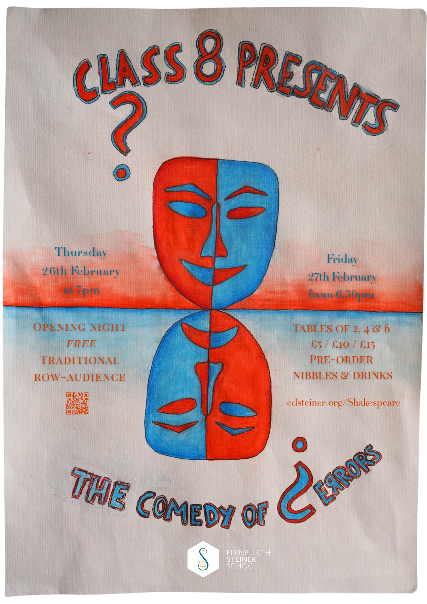 Hand-drawn poster for play The Comedy of Errors by Class 8 pupil